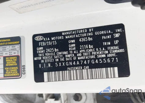 2015 Kia Optima Ex z USA, uszkodzony, nr VIN 5XXGN4A74FG455671